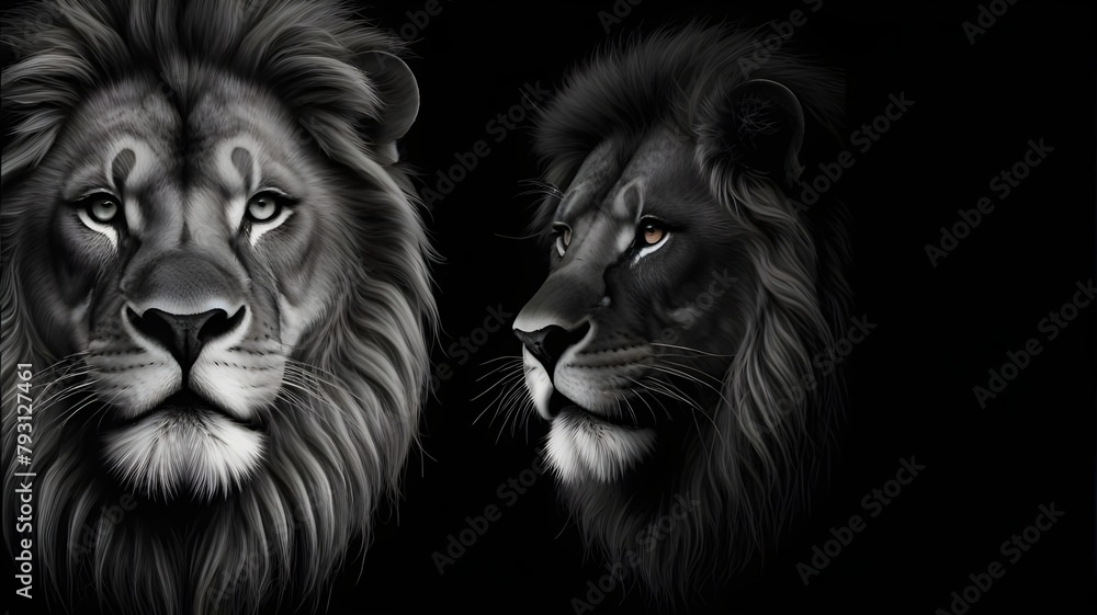 lion head with background Isolated on a white and black background, a vector illustration of a black and white lion head. Logo design of a lion face with mane hair