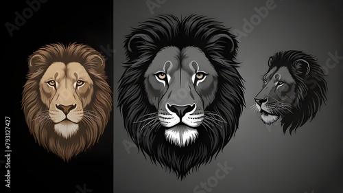 lion head portrait Isolated on a white and black background, a vector illustration of a black and white lion head. Logo design of a lion face with mane hair