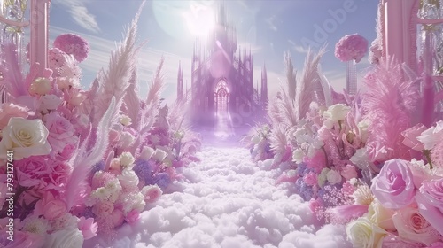 b'Pink fantasy wedding aisle with flowers and clouds' photo