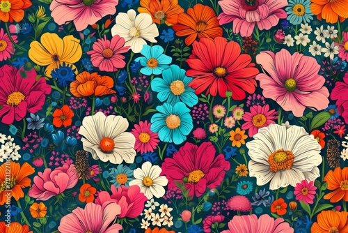 olorful floral seamless pattern. Illustration  hippie aesthetic. Funny multicolored print for fabric  paper  any surface design. Psychedelic wallpaper
