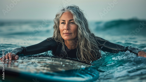 A mid-adult woman surfer is in the ocean, holding a surfboard.