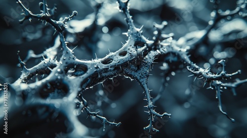   A tight shot of a tree branch, adorned with water droplets, against a backdrop of additional branches photo