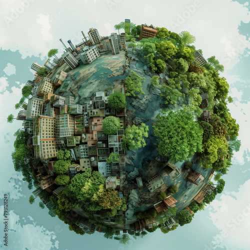 Global Sustainability  development. Planet Earth. Industrial vs Nature  Contrast of Urbanization and Forests  Concept of Environmental Balance. Carbon capture  green energy  pollution crisis