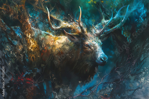 Capture the essence of mystical creatures fused with futuristic tech in a traditional art medium, emphasizing unique camera perspectives to evoke intrigue and captivate the viewer