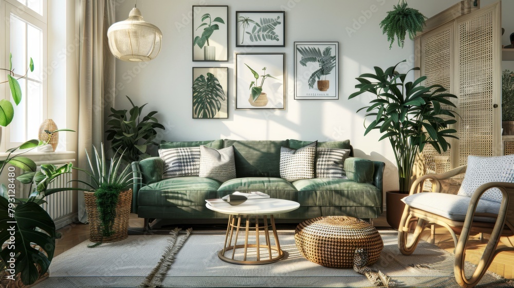 A living room with a green couch, a coffee table, and a few potted plants. The room has a modern and natural feel to it