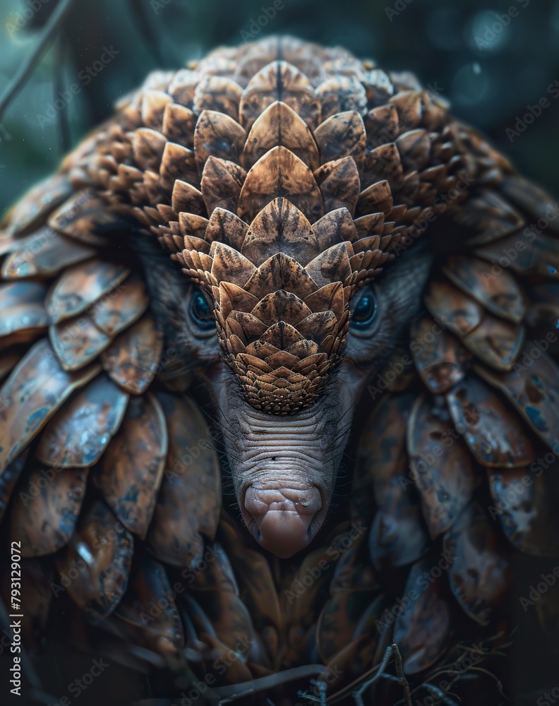Close-up of a pangolin in front view revealing the animal's distinct features. Cute pangolin in calm and serene posture on a blurred dark forest background. Close-up of a pangolin in front view revealing the animal's distinct features. Cute pangolin in calm and serene posture on a blurred dark forest background.