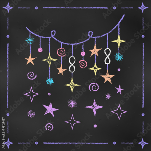 Cute Colorful Design Element Thread with the Suspended Stars Isolated on Chalkboard Backdrop. Children's Chalk Drawn Sketch.