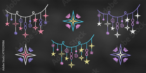 Children's Chalk Drawn Sketch. Set of Design Elements Colored Threads with Pendants and Shining Stars Isolated on Chalkboard Backdrop.