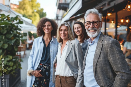 Portrait of a group of business people standing together in the street.