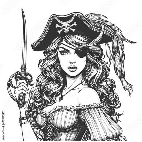 fierce pirate woman in vintage attire wielding a sword sketch engraving generative ai fictional character vector illustration. Scratch board imitation. Black and white image.