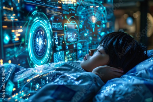 Girl sleeps soundly on high tech mattress in room filled with electronic equipment, suggesting advanced sleep or recovery technology photo