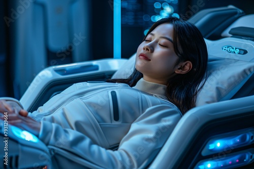 Lady in a high tech recliner appears in stasis connected to illuminated devices, advanced healing and regeneration processes photo