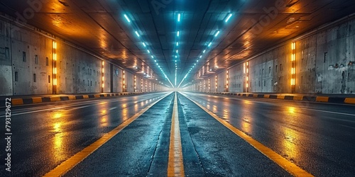 At night, an illuminated tunnel guides vehicles through the urban landscape with a modern, abstract aesthetic. © Andrii Zastrozhnov