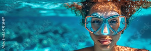 Curly-haired woman enjoys underwater fun with scuba gear in clear turquoise waters. photo