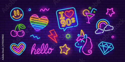 Fashion Neon Sign set 5 on brick wall background. Editable neon icons set of Ranbow Heart sign, Unicorn, Cherry, cocktail, etc. I Iove 90s Neon night sign, a glowing light banner club or bar party