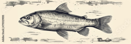 A vintage graphic illustration of a silver salmon swimming gracefully in the ocean depths. photo
