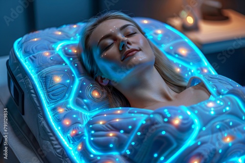 Serene slumber on mattress illuminated with blue circuit patterns, sleep technology in tranquil environment