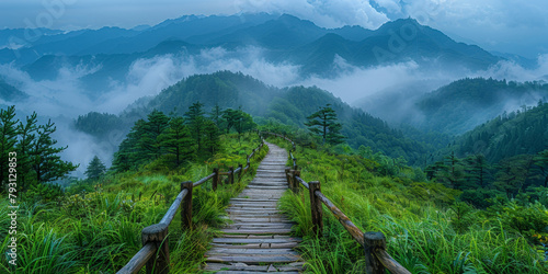 A captivating hiking trail through misty woods, leading to a scenic mountain range. © Andrii Zastrozhnov