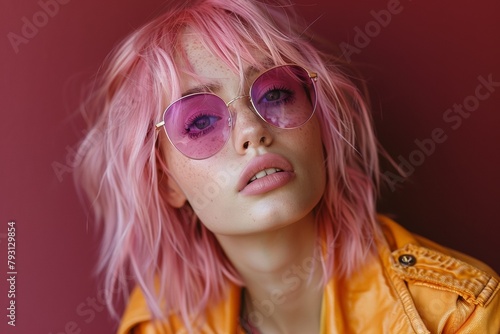 A glamorous portrait of a stylish young Caucasian woman in pink sunglasses exuding sensuality.