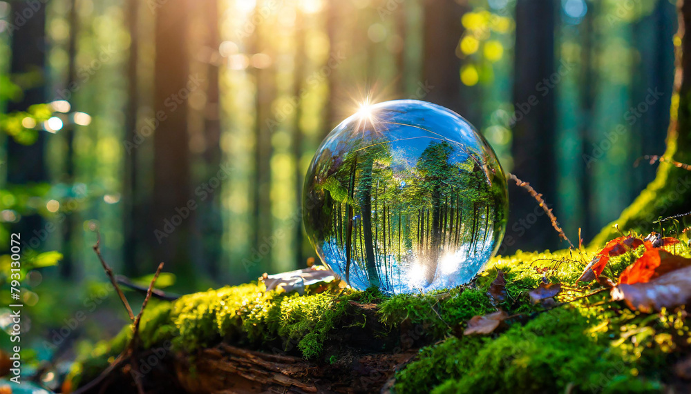 Crystal ball on green moss in forest. Glass sphere. Environment conservation. Happy Earth day Crystal ball on green moss in forest. Glass sphere. Environment conservation. Happy Earth day