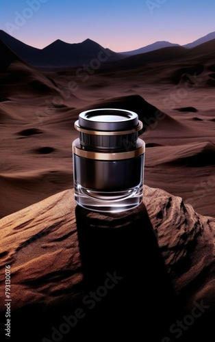 Foto de cosmético:Um frasco de creme sofisticado sobre uma rocha em um cenário desértico. photo