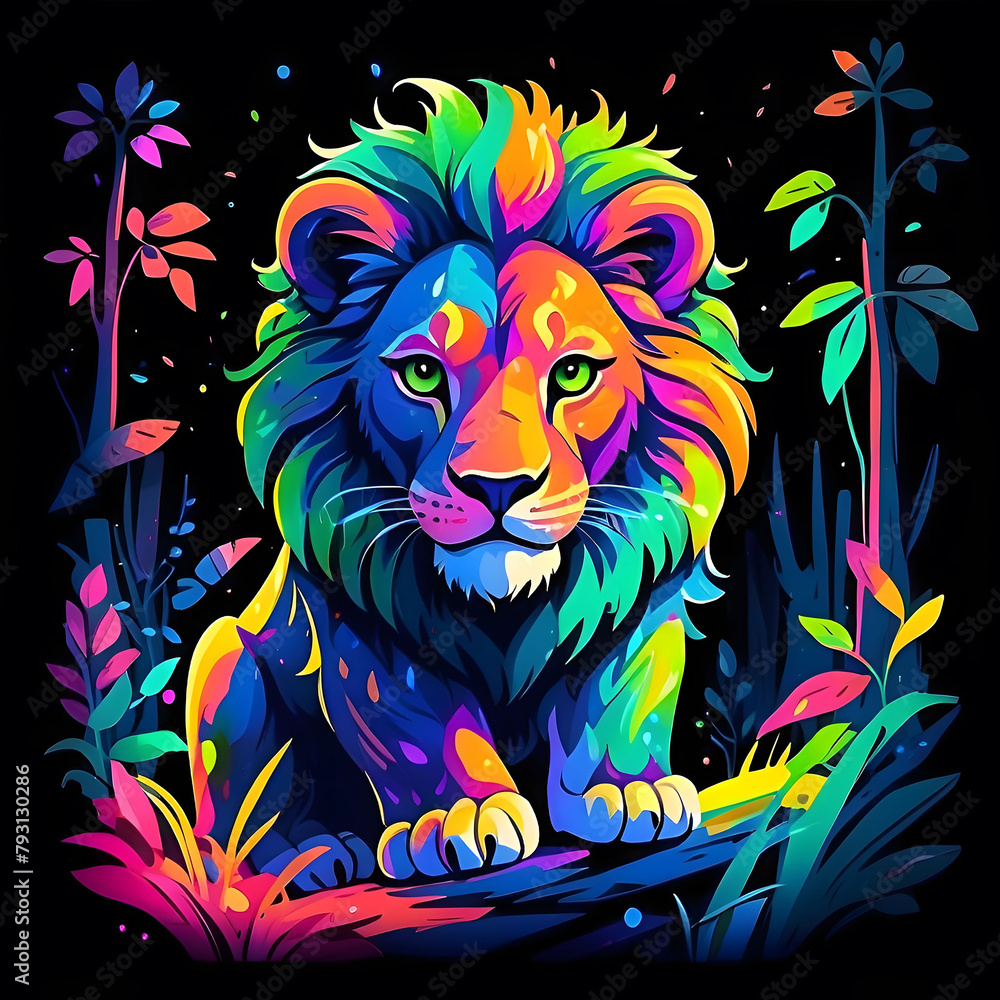 Neon-Colored Lion: Cute Child's Drawing