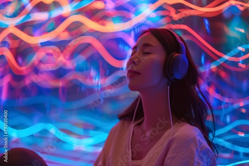 Relaxed woman with headphones, colorful neon wave lights in background