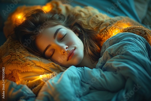Woman sleeping with string lights, golden hue, cozy atmosphere with peaceful expression photo