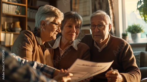 A couple reviewing and discussing their insurance policies, happy with the adjustments made during a meeting with their consultant. , natural light, soft shadows, with copy space photo