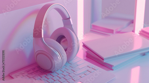 Headphones resting on a laptop with books at the side, slanted view, Feel happy and relaxed 