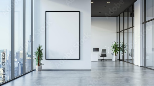 A large white wall with a black frame and a large empty space. The room is empty and has a modern feel