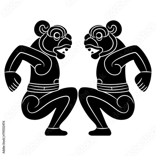 Symmetrical animal design with two seated anthropomorphic jaguar men. Native American ethnic animal motif of Totonac Indians from Veracruz, Mexico. Indigenous mythology. Black and white silhouette.