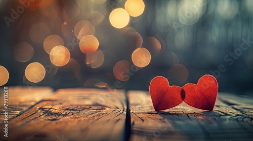 Two vibrant red hearts sit on the rustic wooden table illuminated by a soft dreamy bokeh light in the background