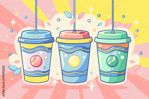 Colorful Disposable Coffee Cups Illustration on Vibrant Background, hanging coffee