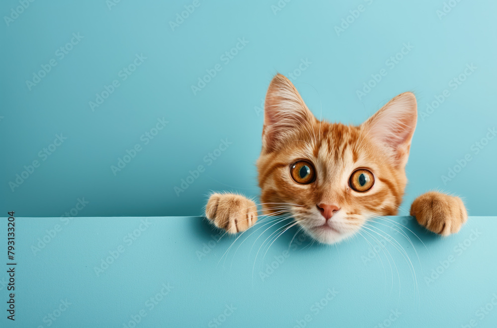 Cute kitten in front of a blue background with empty copy space.