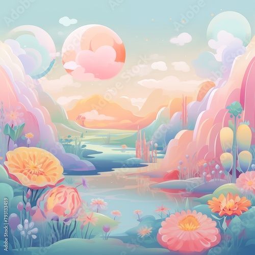 Surreal pastel landscape with vibrant flowers, dreamy skies, and dual moons photo