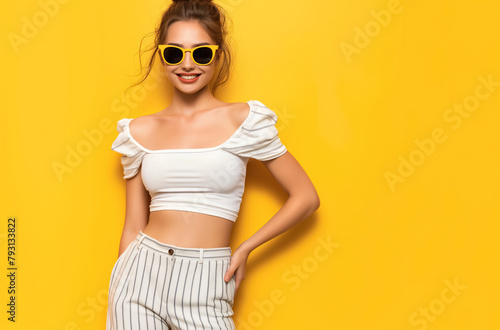 Beautiful young woman with summer outfit posing. Isolated yellow background.