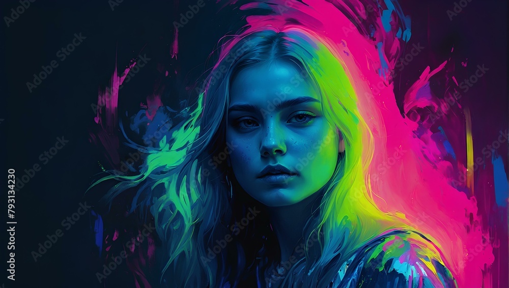 Portrait of woman with bright hair on colorful background, cool wallpaper. Generative ai