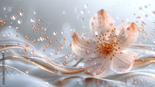   A tight shot of a flower  its petals dotted with water droplets  and a ripple of water advancing before it