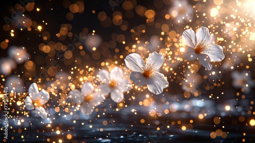   A group of white flowers hovers above the water s surface  backdropped by a beaming bolt of sunlight