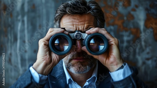 Inquisitive businessman with binoculars scouting for fresh business prospects and strategies for success. Concept Business Opportunities, Strategic Planning, Success Strategies, Business Vision photo