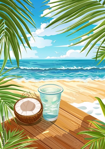 a coconut and a drink on a table on a beach