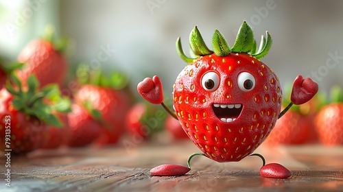 Cartoon strawberry character with open arms and a happy face expression.