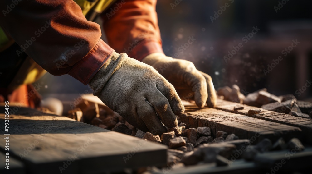 Close-up of the hands of an industrial bricklayer installing bricks on a construction site Close-up of the hands of an industrial bricklayer installing bricks on a construction site