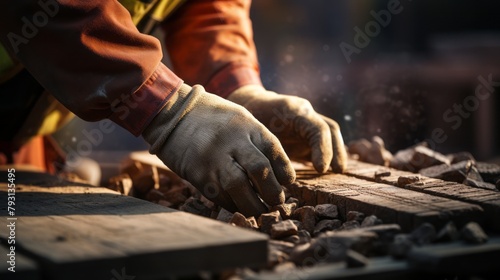 Close-up of the hands of an industrial bricklayer installing bricks on a construction site