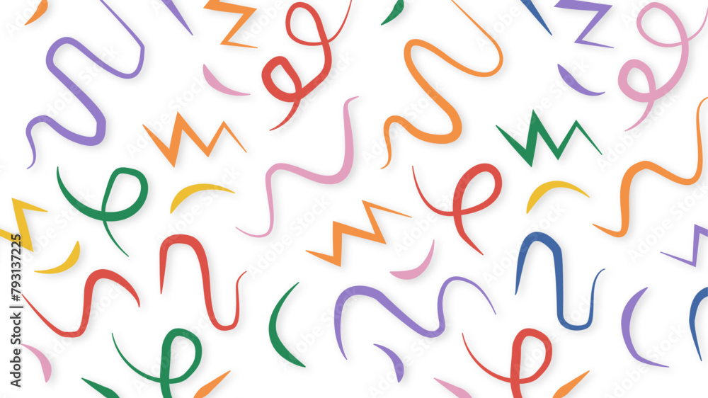 Creative minimalist style art symbol collection for childrens party celebrations. Fun colorful abstract line doodle shape set. Simple childish scribble backdrop bundle. Seamless colorful line doodles 