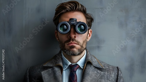 Curious businessman with binoculars seeks new business opportunities and solutions for success. Concept Business Strategy, Entrepreneurship, Innovation, Vision, Growth Opportunities