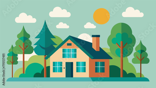 An illustration of a house surrounded by trees highlighting the benefits of natural shade in reducing cooling costs.