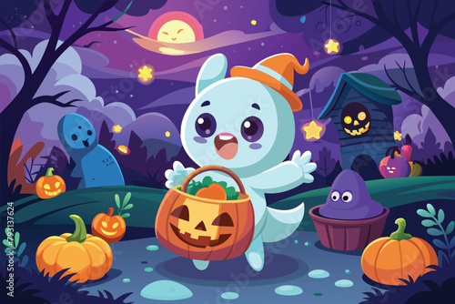 Cute cartoon character holding a pumpkin in a Halloween-themed setting  Cute Ghost s Halloween Quest  Vector Cartoon Illustration with Candy Basket and Pumpkin