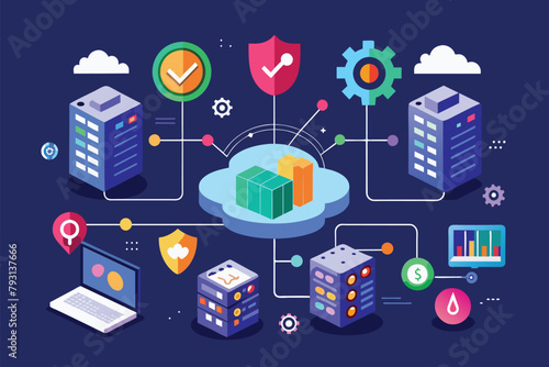 A blue background filled with multiple icons representing various concepts, on a digital platform, cybersecurity digital analysis data services, Simple and minimalist flat Vector Illustration